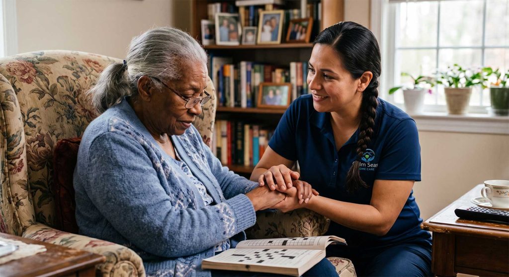 Caregiver in a blue uniform holds an elderly woman's hands during a Home Care visit, with a crossword book open on a table nearby.