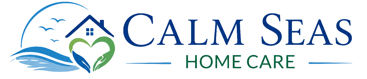 Calm Seas Home Care logo: blue house in a green heart with waves and birds