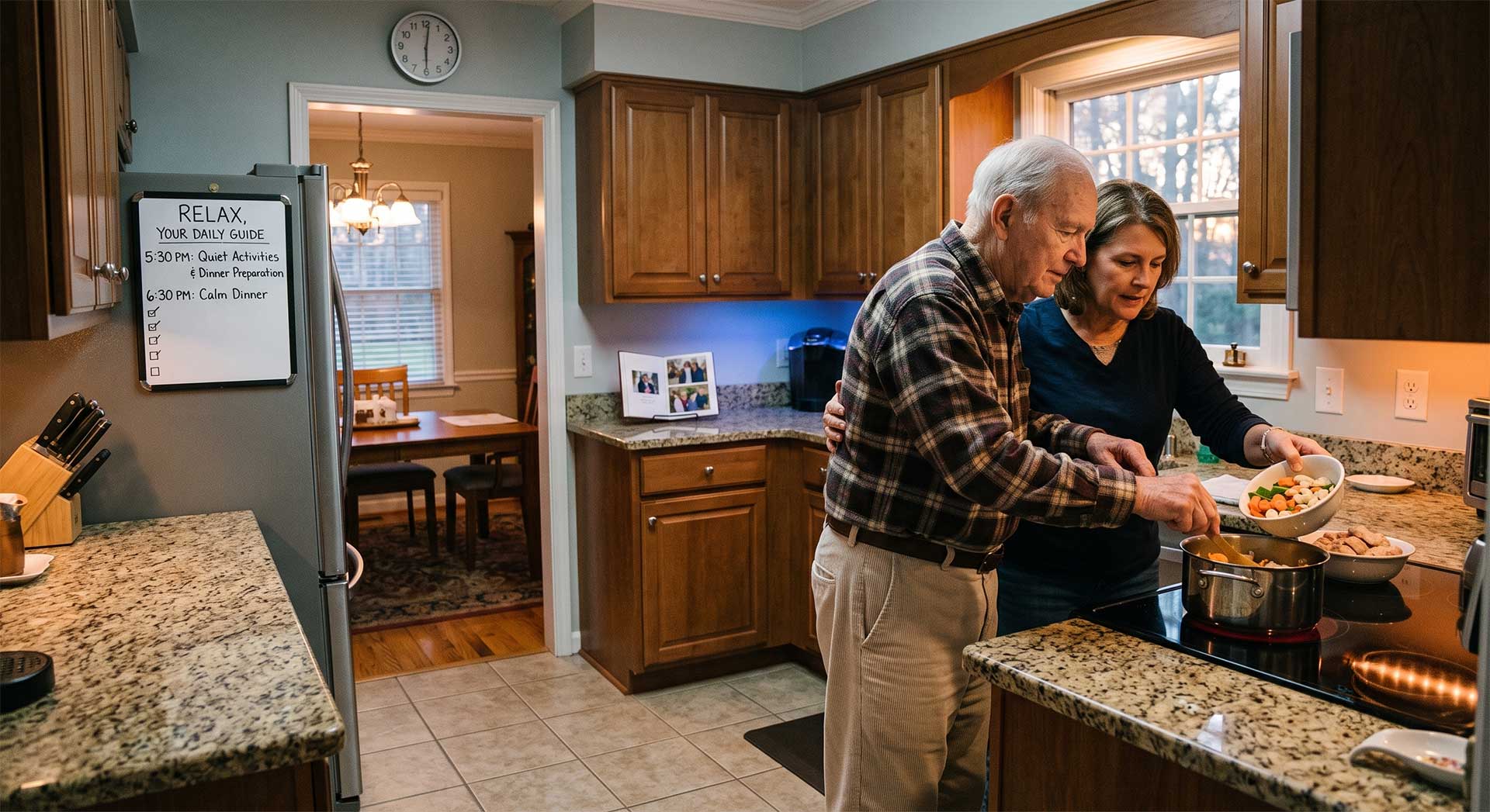 Older man and woman cooking at a kitchen island, transferring vegetables from a bowl into a pot on the stove.