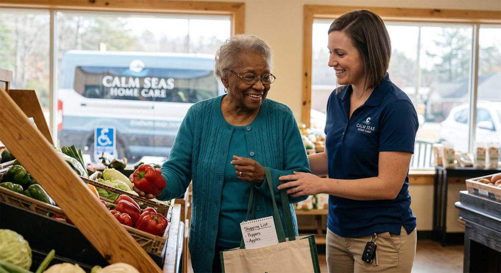 Why-Transportation-and-Companionship-Are-Important-Parts-of-Senior-Home-Care - Calm Seas Home Care Caregiver helps an elderly woman choose peppers at a grocery store, smiling together near fresh produce.