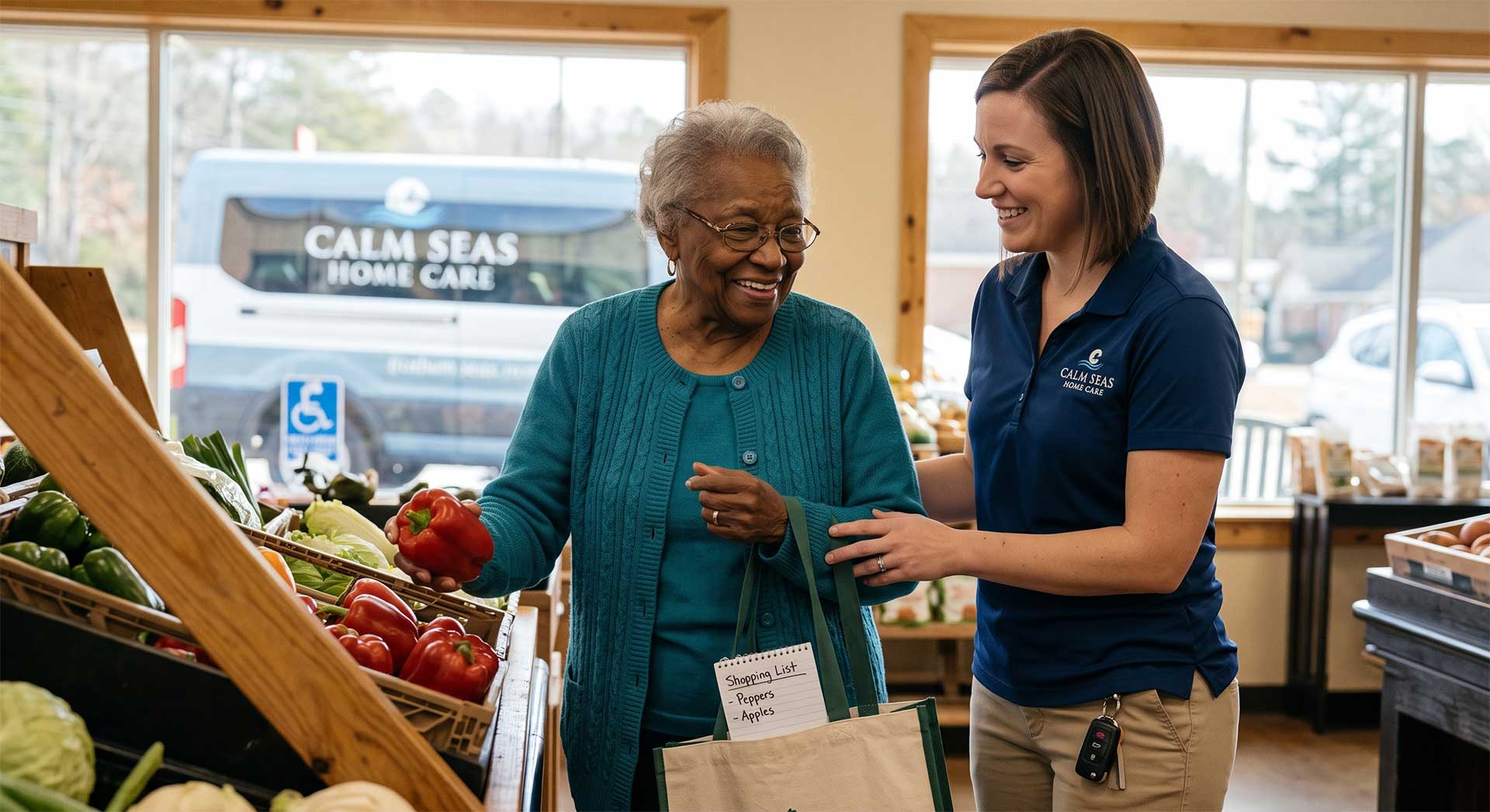 Caregiver helps an elderly woman choose peppers at a grocery store, smiling together near fresh produce.